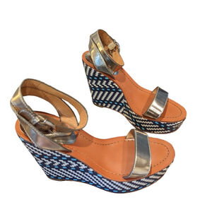 Coach Sandals Womens 7 Gemma Woven Leather Platform Wedge Blue White Silver